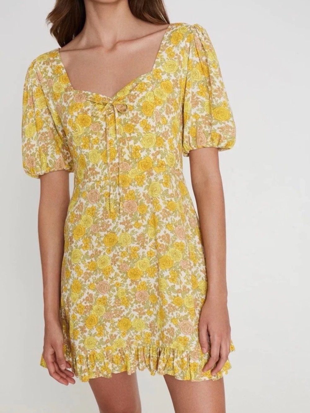 Revolve Faithfull the Brand Agatha in Grey Floral Yellow Puff-Sleeve Mini Dress